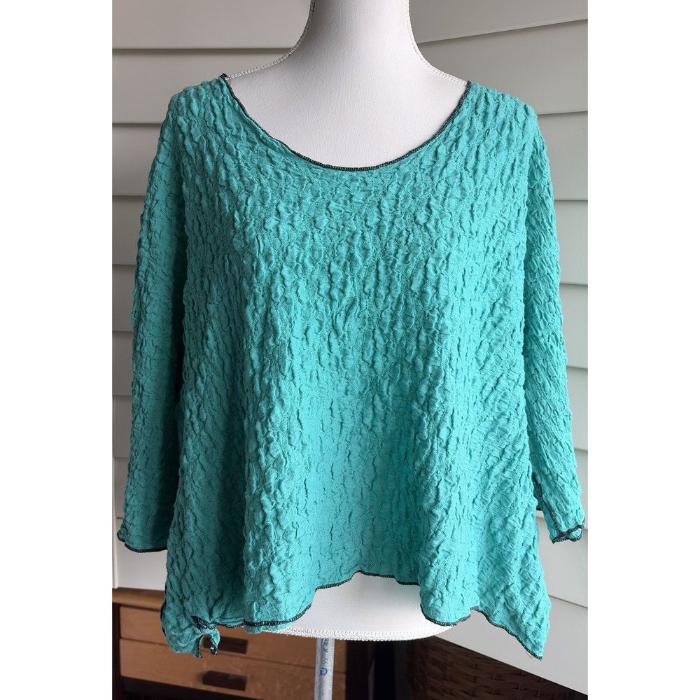 Nobul Women XL Aqua Crinkle Tunic Top Shark Bite Tie Lagenlook Made USA